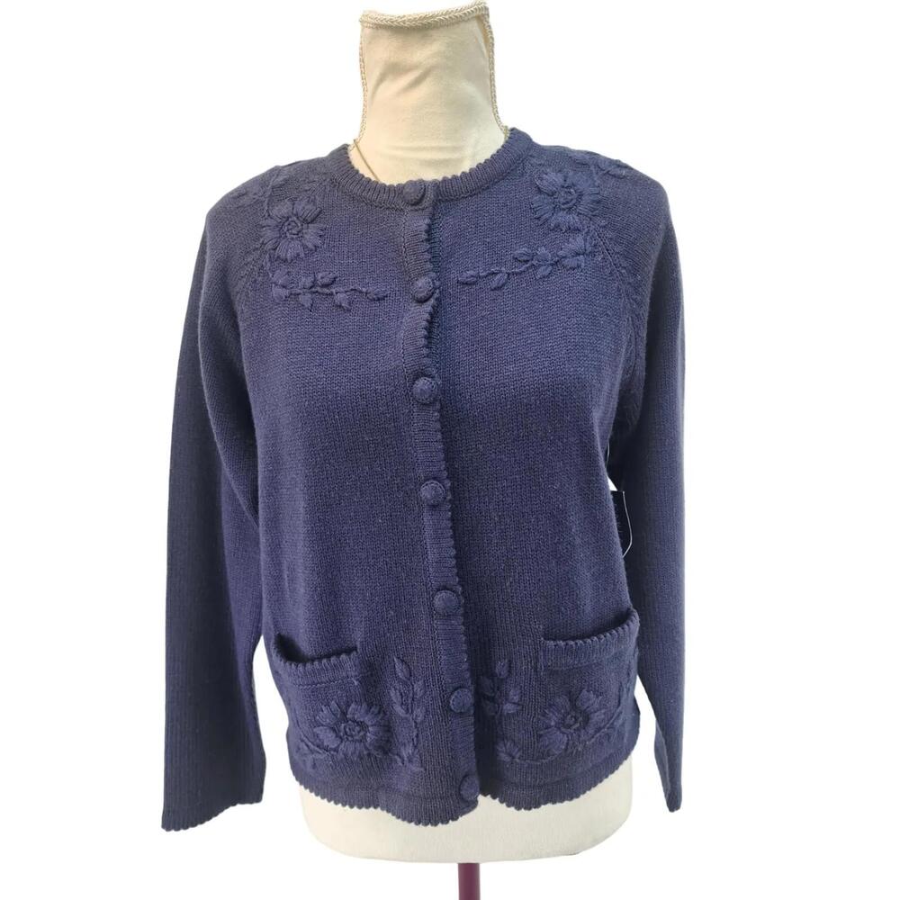 Vintage Karen Scott Petite Navy Blue Embroidered Floral Knit Cardigan Sweater PM
